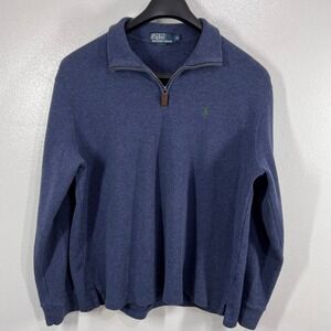 Vtg. Polo Ralph Lauren‎ 1/4 Zip Pullover Sweater Blue Cotton XL Green Pony Logo